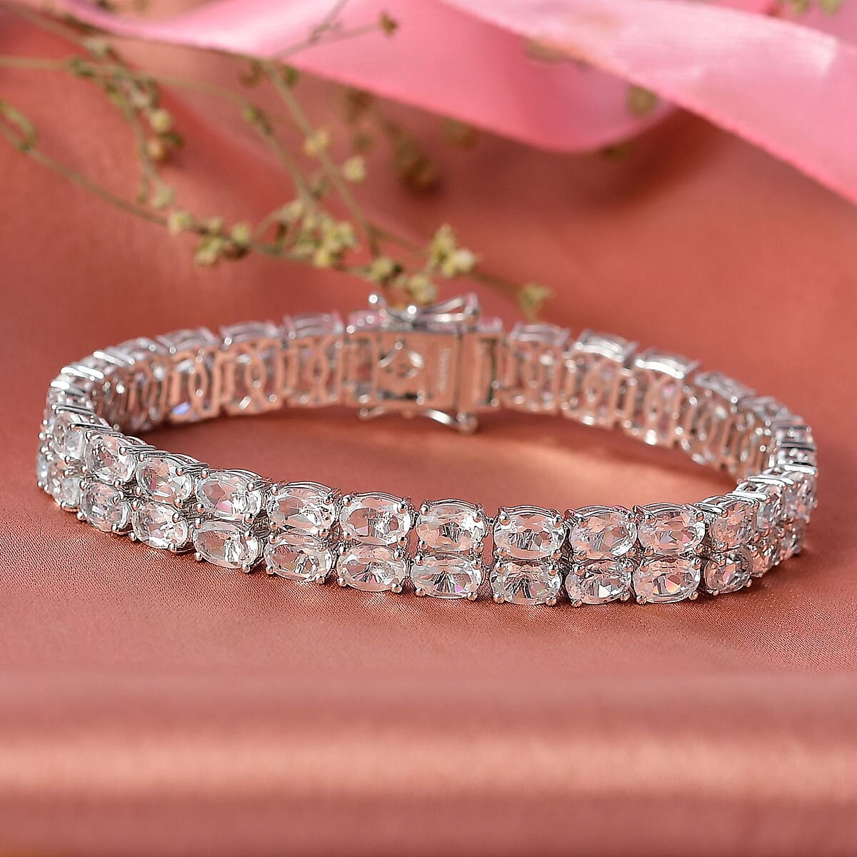 Doorbuster EverTrue White Topaz 32.60 ctw Two Row Carpet Bracelet in Platinum Bond (7.25 In) image number 1