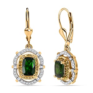 D'Joy Premium Chrome Diopside, Yellow Diamond and Diamond 2.30 ctw Earrings in 18K Vermeil Yellow Gold Over Sterling Silver