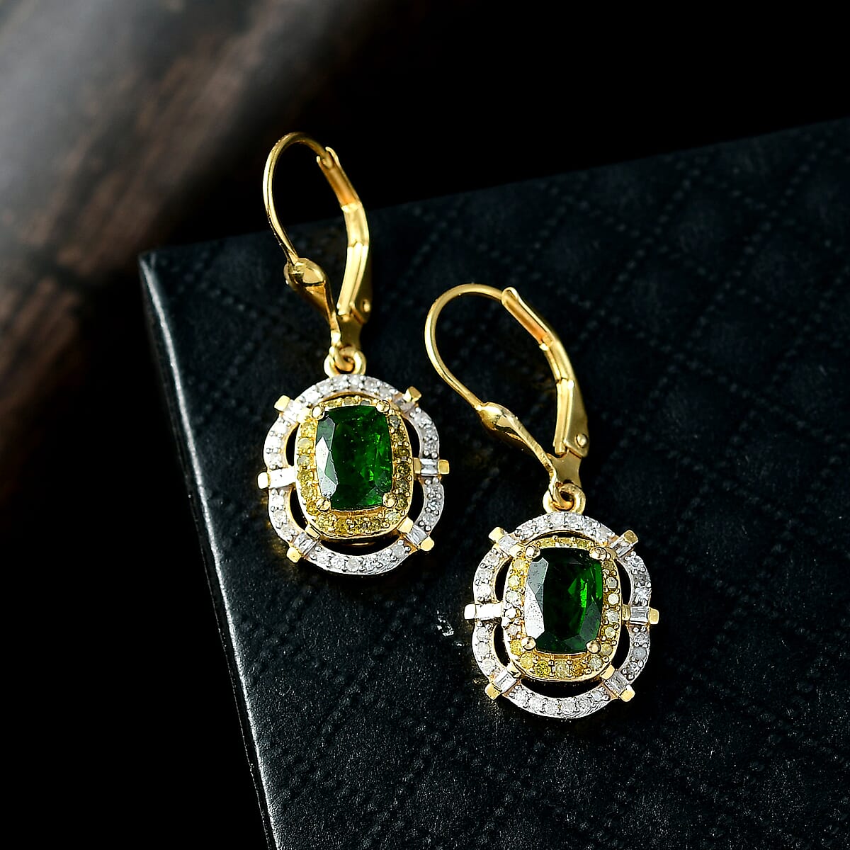 D'Joy Premium Chrome Diopside, Yellow Diamond and Diamond 2.30 ctw Earrings in 18K Vermeil Yellow Gold Over Sterling Silver image number 1