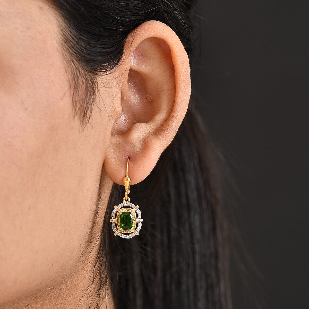 D'Joy Premium Chrome Diopside, Yellow Diamond and Diamond 2.30 ctw Earrings in 18K Vermeil Yellow Gold Over Sterling Silver image number 2