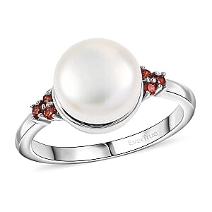 EverTrue Freshwater Pearl and Simulated Red Diamond Ring in Platinum Bond (Size 10.0)
