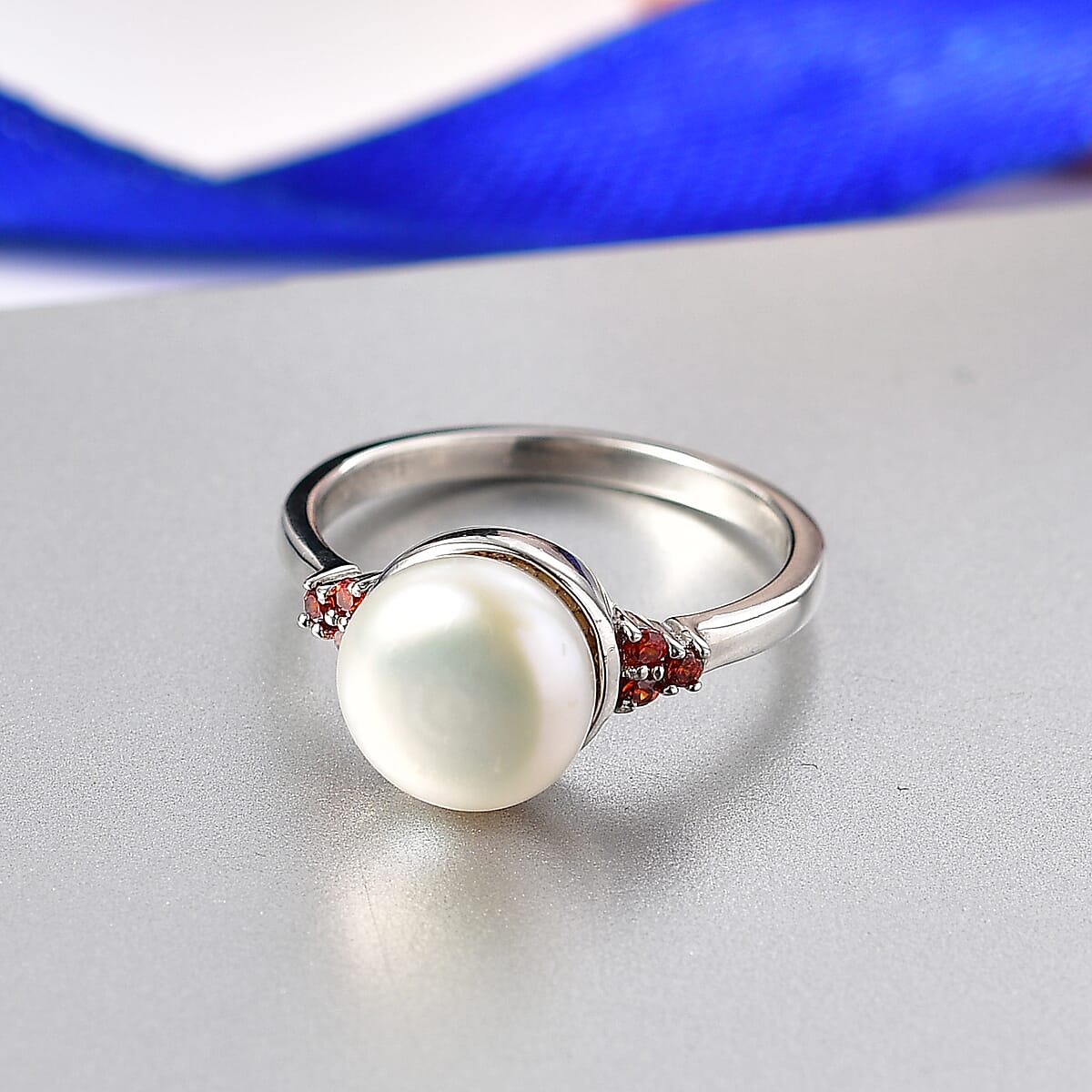 EverTrue Freshwater Pearl and Simulated Red Diamond Ring in Platinum Bond (Size 10.0) image number 1