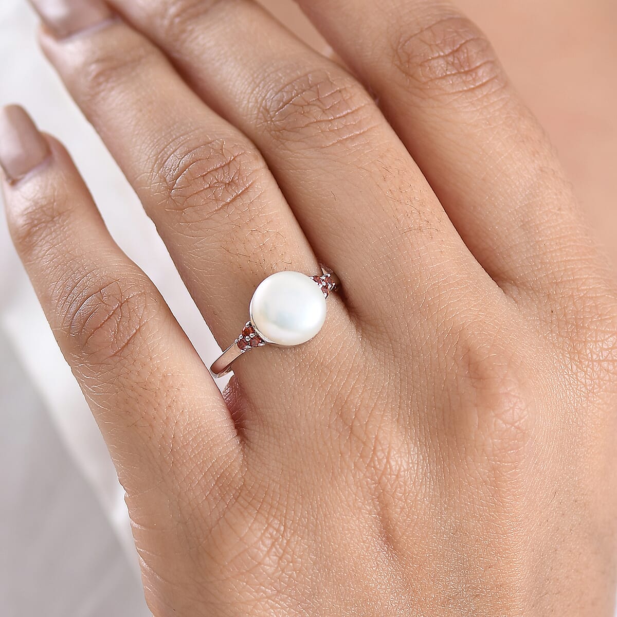EverTrue Freshwater Pearl and Simulated Red Diamond Ring in Platinum Bond (Size 10.0) image number 2