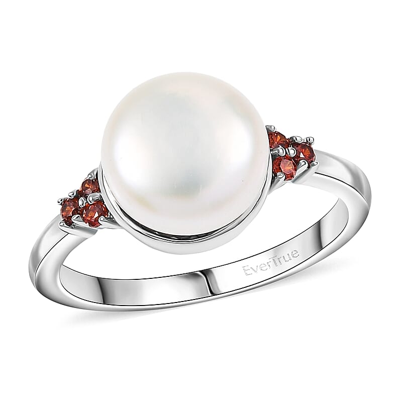 EverTrue Freshwater Pearl and Simulated Red Diamond Ring in Platinum Bond (Size 5.0)