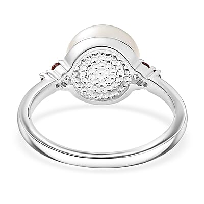 EverTrue Freshwater Pearl and Simulated Red Diamond Ring in Platinum Bond (Size 5.0)
