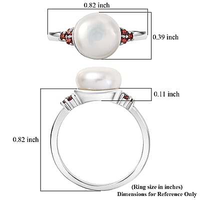 EverTrue Freshwater Pearl and Simulated Red Diamond Ring in Platinum Bond (Size 5.0)