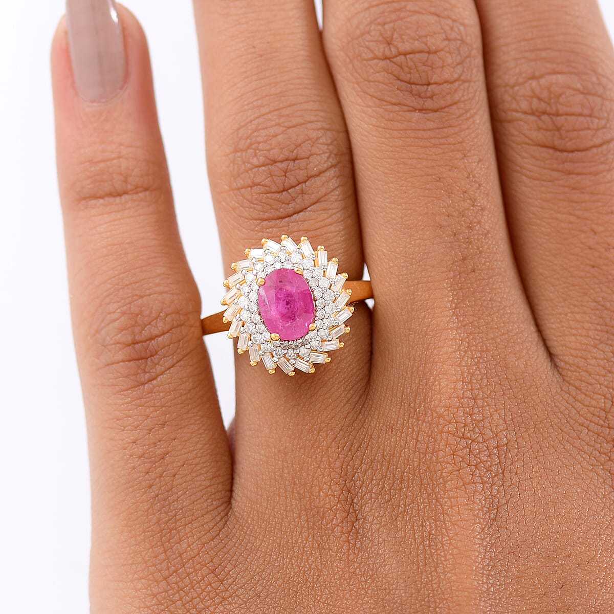 Doorbuster D'Joy AAA Montepuez Ruby and Moissanite 2.15 ctw Sunflare Ring in 18K Vermeil Yellow Gold Over Sterling Silver (Size 10.0) image number 2