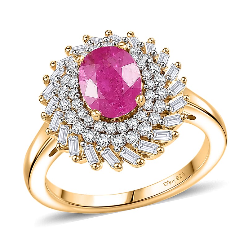 D'Joy AAA Montepuez Ruby, Moissanite Ring in 18K Vermeil YG Over Sterling Silver 2.15 ctw (Size 8.0)