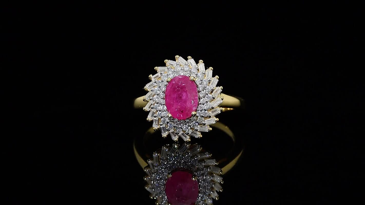 D'Joy AAA Montepuez Ruby and Moissanite 2.15 ctw Sunflare Ring in 18K Vermeil Yellow Gold Over Sterling Silver