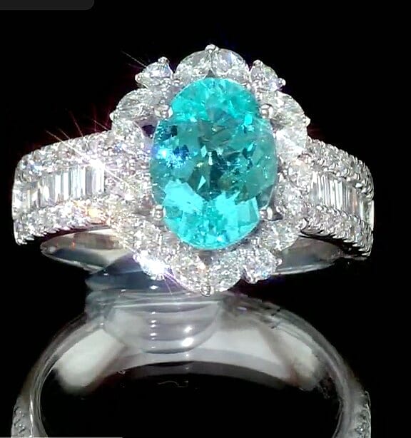 Chairman Vault Collection Certified & Appraised Rhapsody AAAA Paraiba Tourmaline and E-F VS Diamond 3.81 ctw Ring in 950 Platinum (Size 7.0) 10.44 Grams