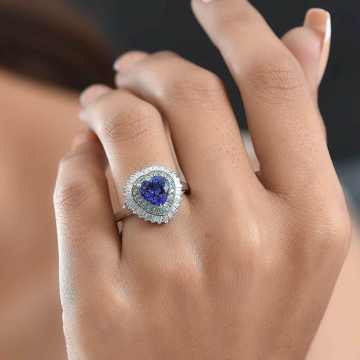 Doorbuster Rhapsody AAAA Tanzanite, Paraiba Tourmaline and Diamond (EF-VS) (0.39 cts) Ring in 950 Platinum (Size 10.0) (6.98 g) 2.60 ctw image number 2