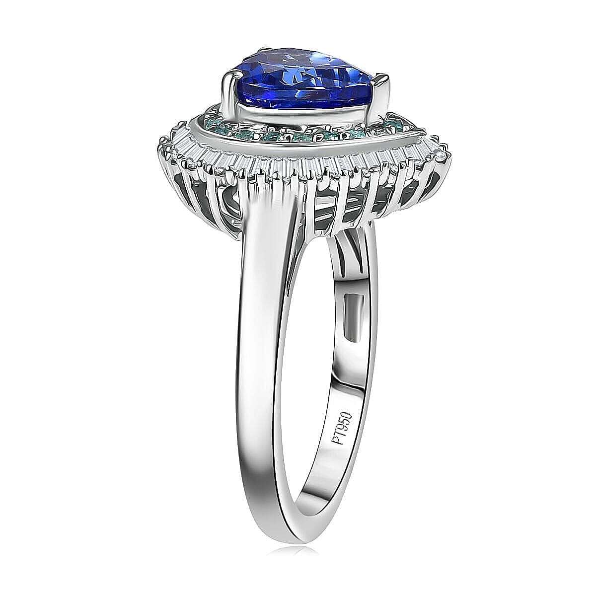 Doorbuster Rhapsody AAAA Tanzanite, Paraiba Tourmaline and Diamond (EF-VS) (0.39 cts) Ring in 950 Platinum (Size 10.0) (6.98 g) 2.60 ctw image number 3