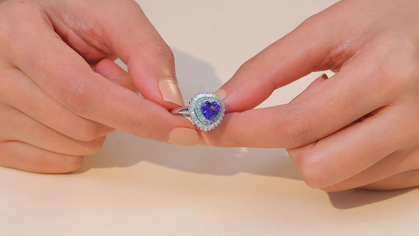 Doorbuster Rhapsody AAAA Tanzanite, Paraiba Tourmaline and Diamond (EF-VS) (0.39 cts) Ring in 950 Platinum (Size 10.0) (6.98 g) 2.60 ctw