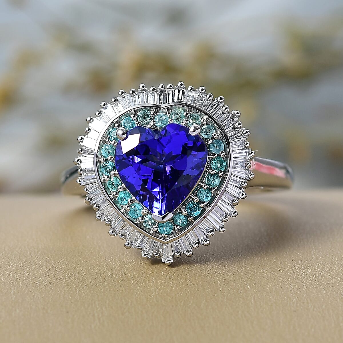 Doorbuster Rhapsody AAAA Tanzanite, Paraiba Tourmaline and Diamond E-F, VS 2.60 ctw Heart of Atlantis Ring in 950 Platinum (Size 6.0) 6.98 Grams image number 1