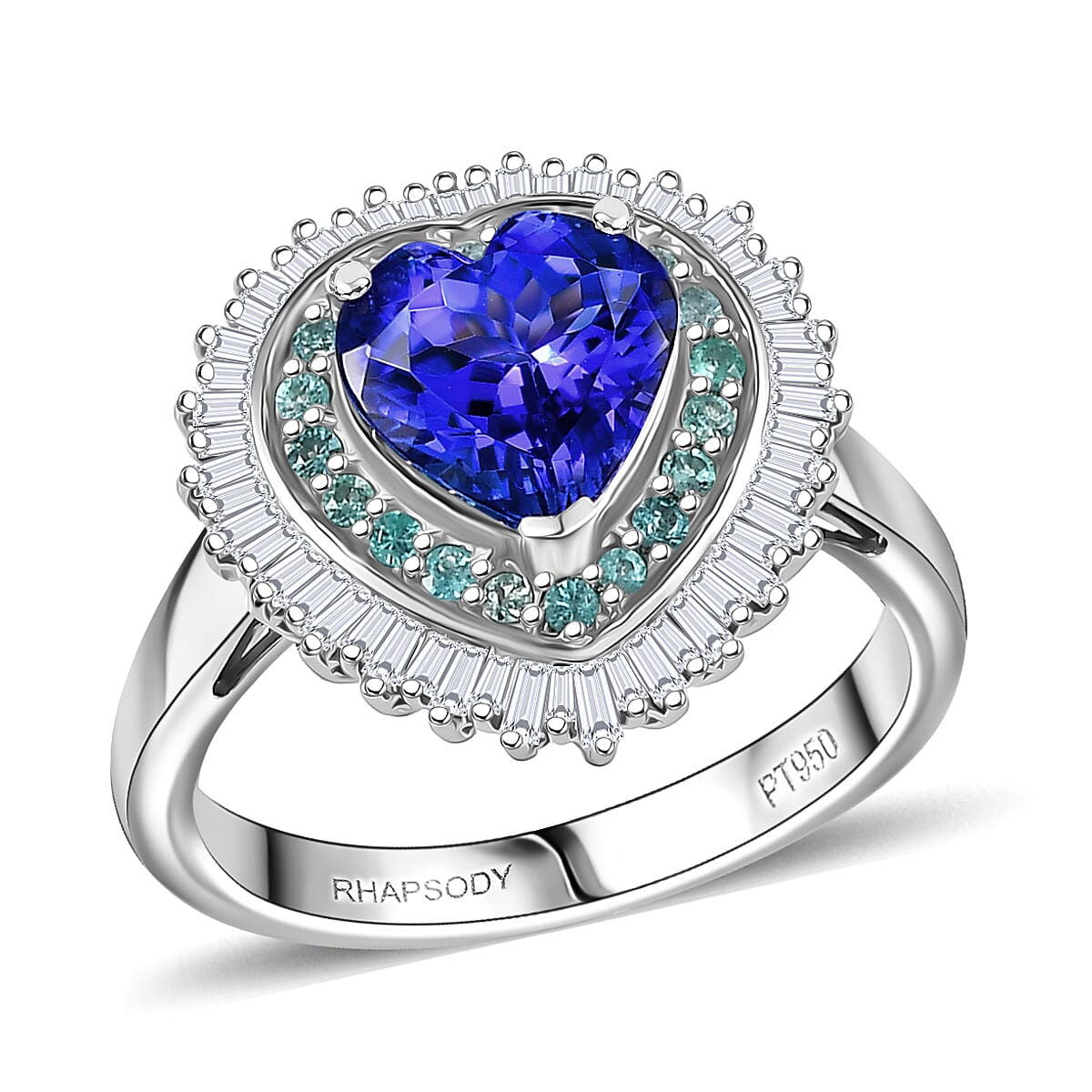 Doorbuster Rhapsody AAAA Tanzanite, Paraiba Tourmaline and Diamond (EF-VS) (0.39 cts) Ring in 950 Platinum (Size 10.0) (6.98 g) 2.60 ctw