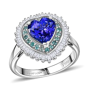 Doorbuster Rhapsody AAAA Tanzanite, Paraiba Tourmaline and Diamond E-F, VS 2.60 ctw Heart of Atlantis Ring in 950 Platinum (Size 7.0) 6.98 Grams