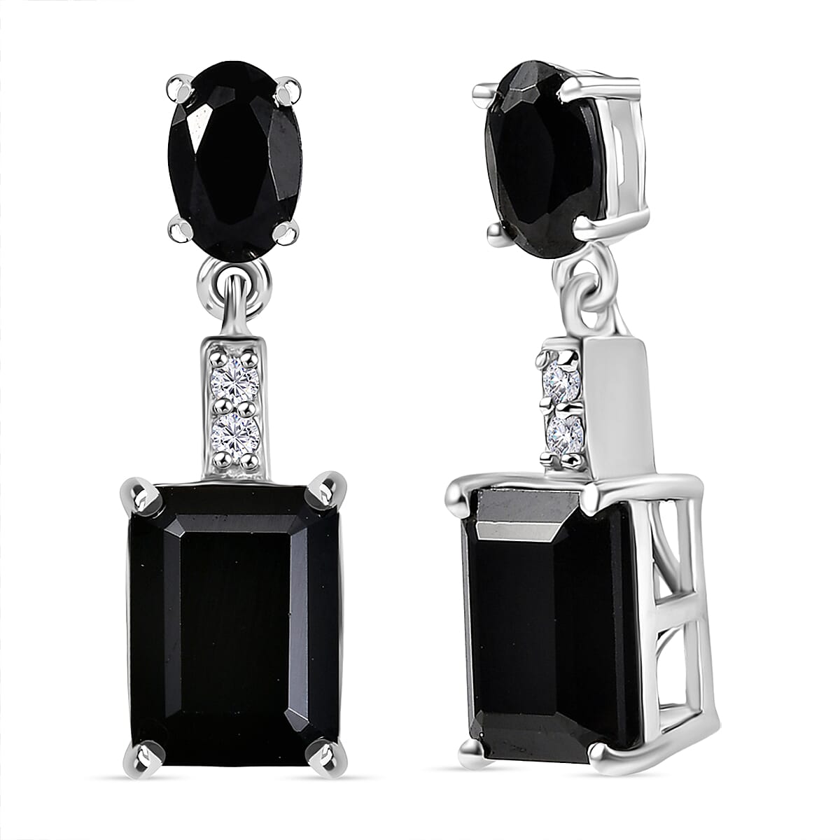 D'Joy Thai Black Spinel and White Zircon 6.10 ctw Earrings in Platinum Over Sterling Silver