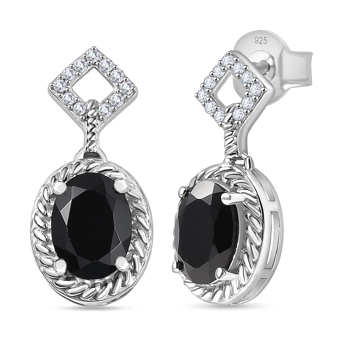 D'Joy Thai Black Spinel and White Zircon 3.35 ctw Earrings in Platinum Over Sterling Silver