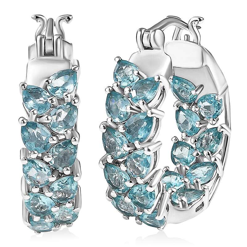 D'Joy Madagascar Blue Apatite Hoop Earrings in Rhodium Over Sterling Silver 6.10 ctw