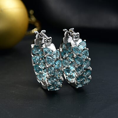 D'Joy Madagascar Blue Apatite Hoop Earrings in Rhodium Over Sterling Silver 6.10 ctw