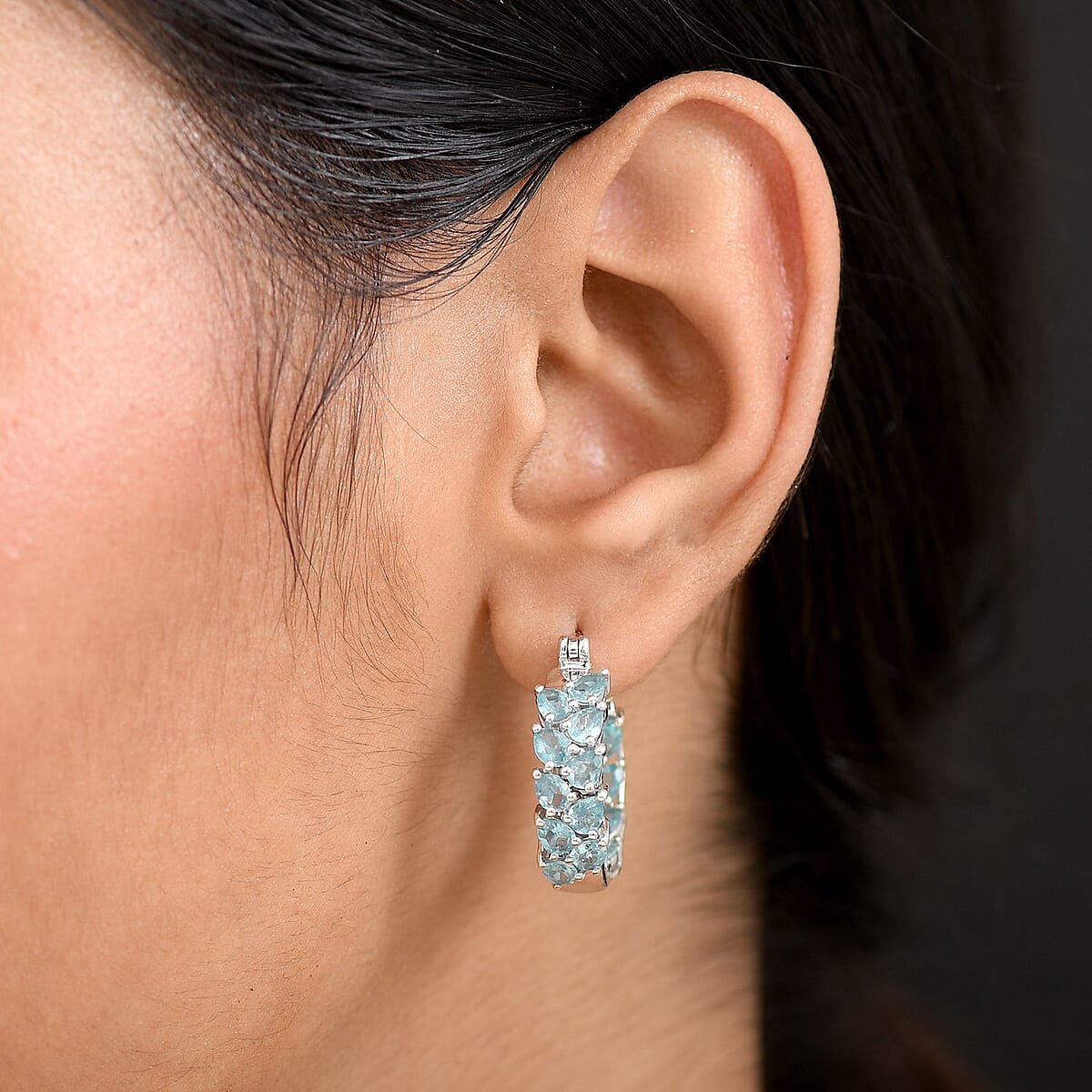 D'Joy Madagascar Blue Apatite 6.10 ctw Twilight Petals Hoop Earrings in Rhodium Over Sterling Silver image number 2