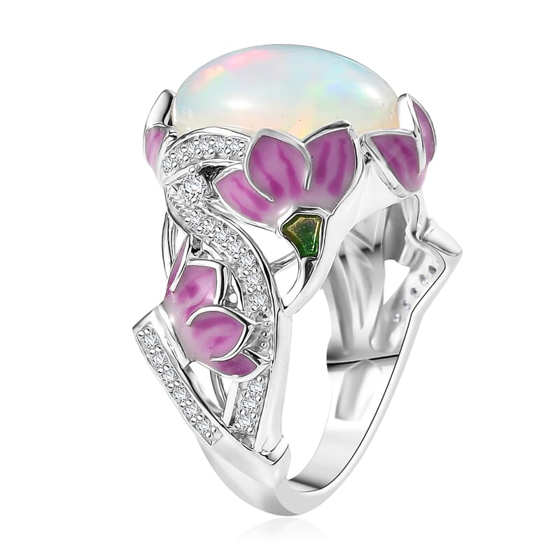 GP Italian Garden Collection Premium Ethiopian Welo Opal, Multi Gemstone Ring in Rhodium Over Sterling Silver (Size 10.0) 4.20 ctw