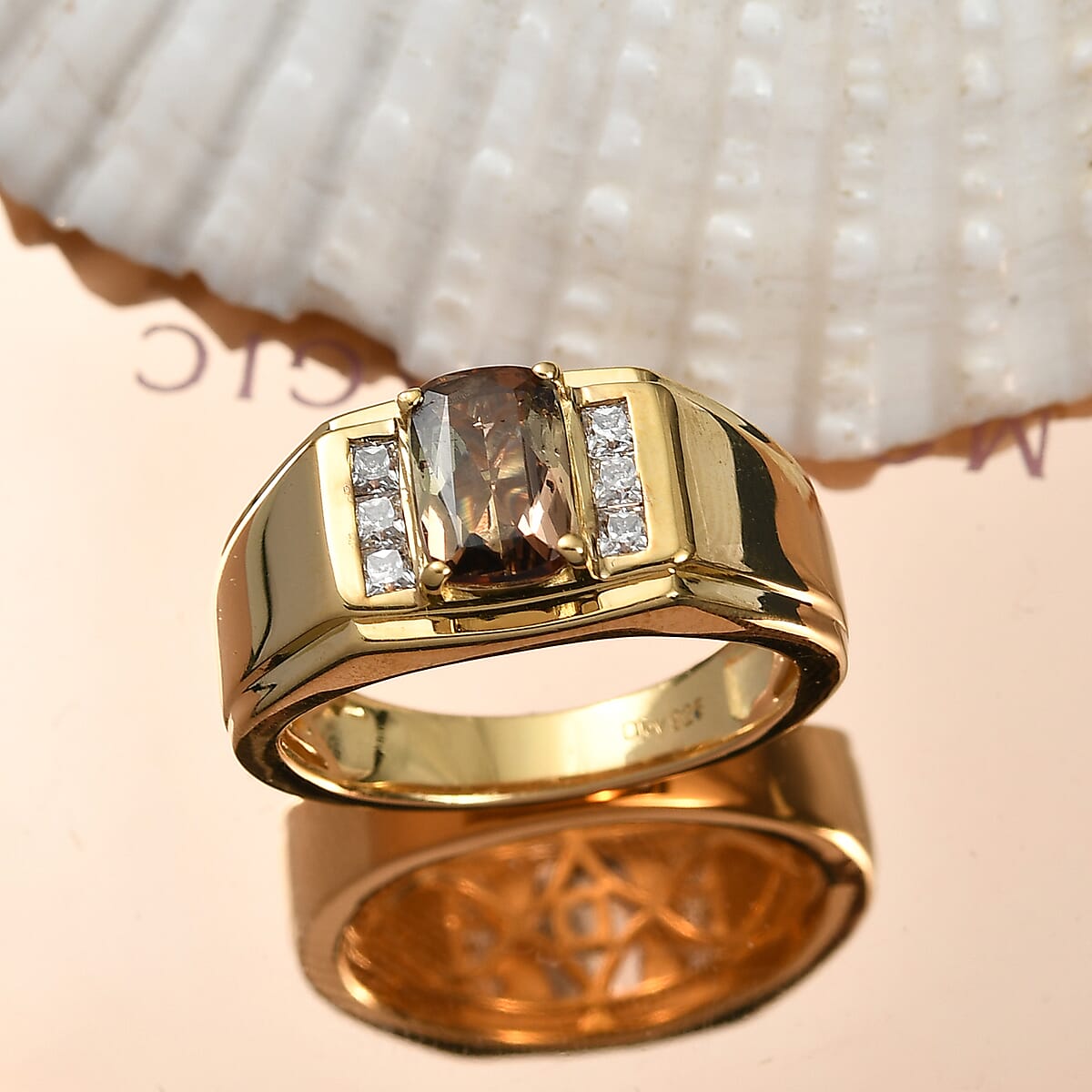 D'Joy Premium Jenipapo Andalusite and Moissanite 1.60 ctw Men's Ring in 18K Vermeil Yellow Gold Over Sterling Silver (Size 10.0) image number 1