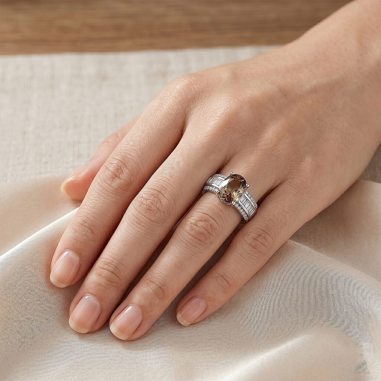 D'Joy Premium Jenipapo Andalusite and Moissanite 3.20 ctw Ring in Rhodium Over Sterling Silver (Size 9.0)
