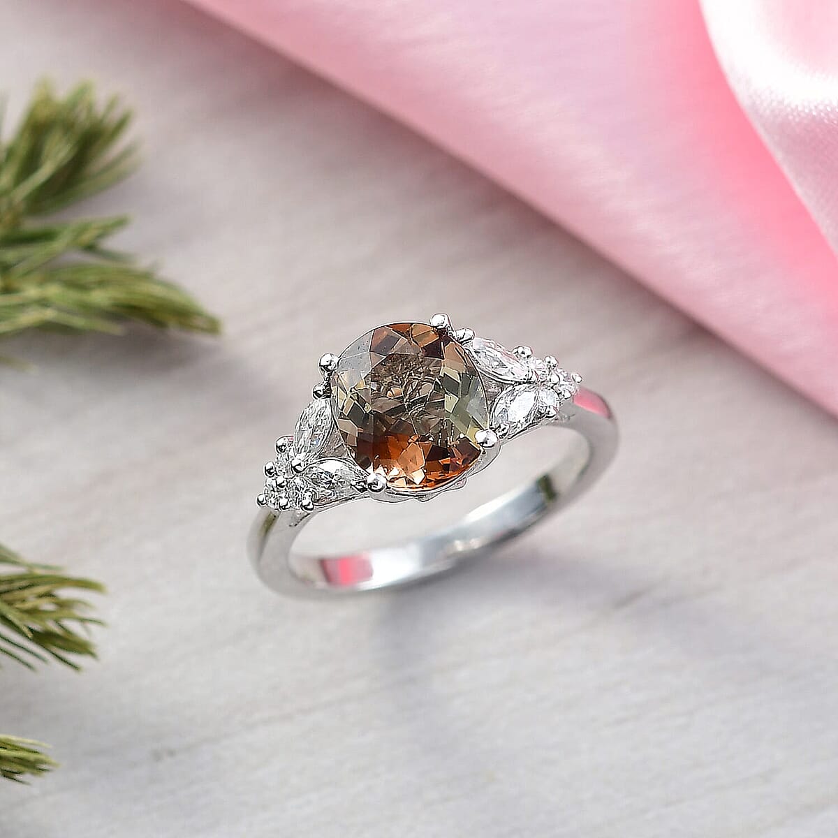 D'Joy Jenipapo Andalusite and Moissanite 3.15 ctw Ring in Rhodium Over Sterling Silver (Size 6.0) image number 1