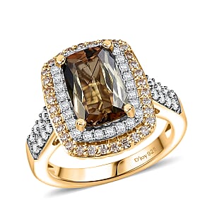 D'Joy Premium Jenipapo Andalusite, White and Champagne Moissanite 4.20 ctw Ring in 18K Vermeil Yellow Gold Over Sterling Silver (Size 7.0)