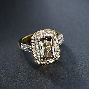 D'Joy Premium Jenipapo Andalusite, White and Champagne Moissanite 4.20 ctw Ring in 18K Vermeil Yellow Gold Over Sterling Silver (Size 7.0)