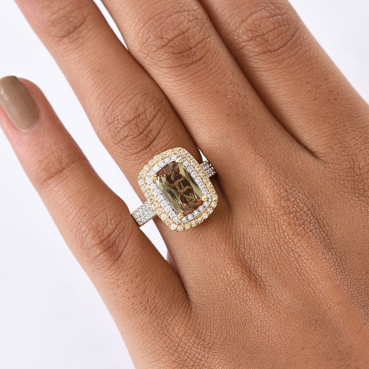 D'Joy Premium Jenipapo Andalusite, White and Champagne Moissanite 4.20 ctw Ring in 18K Vermeil Yellow Gold Over Sterling Silver (Size 7.0) image number 2