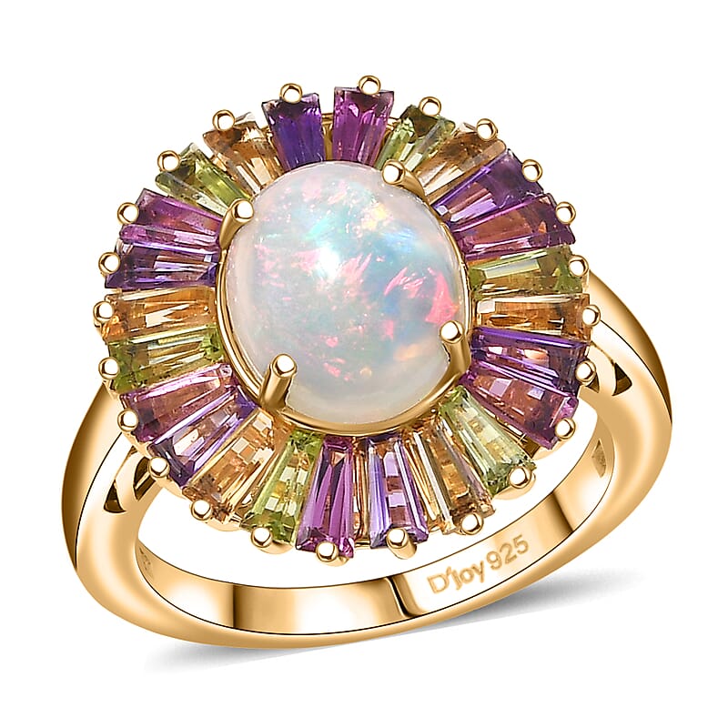 D'Joy Premium Ethiopian Welo Opal and Multi Gemstone 3.80 ctw Crown of Flames Ring in 18K Vermeil Yellow Gold Over Sterling Silver (Size 10.0)