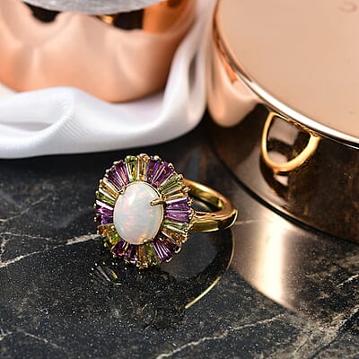 D'Joy Premium Ethiopian Welo Opal and Multi Gemstone 3.80 ctw Crown of Flames Ring in 18K Vermeil Yellow Gold Over Sterling Silver (Size 10.0)