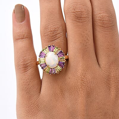 D'Joy Premium Ethiopian Welo Opal and Multi Gemstone 3.80 ctw Crown of Flames Ring in 18K Vermeil Yellow Gold Over Sterling Silver (Size 10.0)