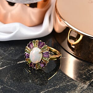 D'Joy Premium Ethiopian Welo Opal and Multi Gemstone 3.80 ctw Crown of Flames Ring in 18K Vermeil Yellow Gold Over Sterling Silver (Size 6.0)