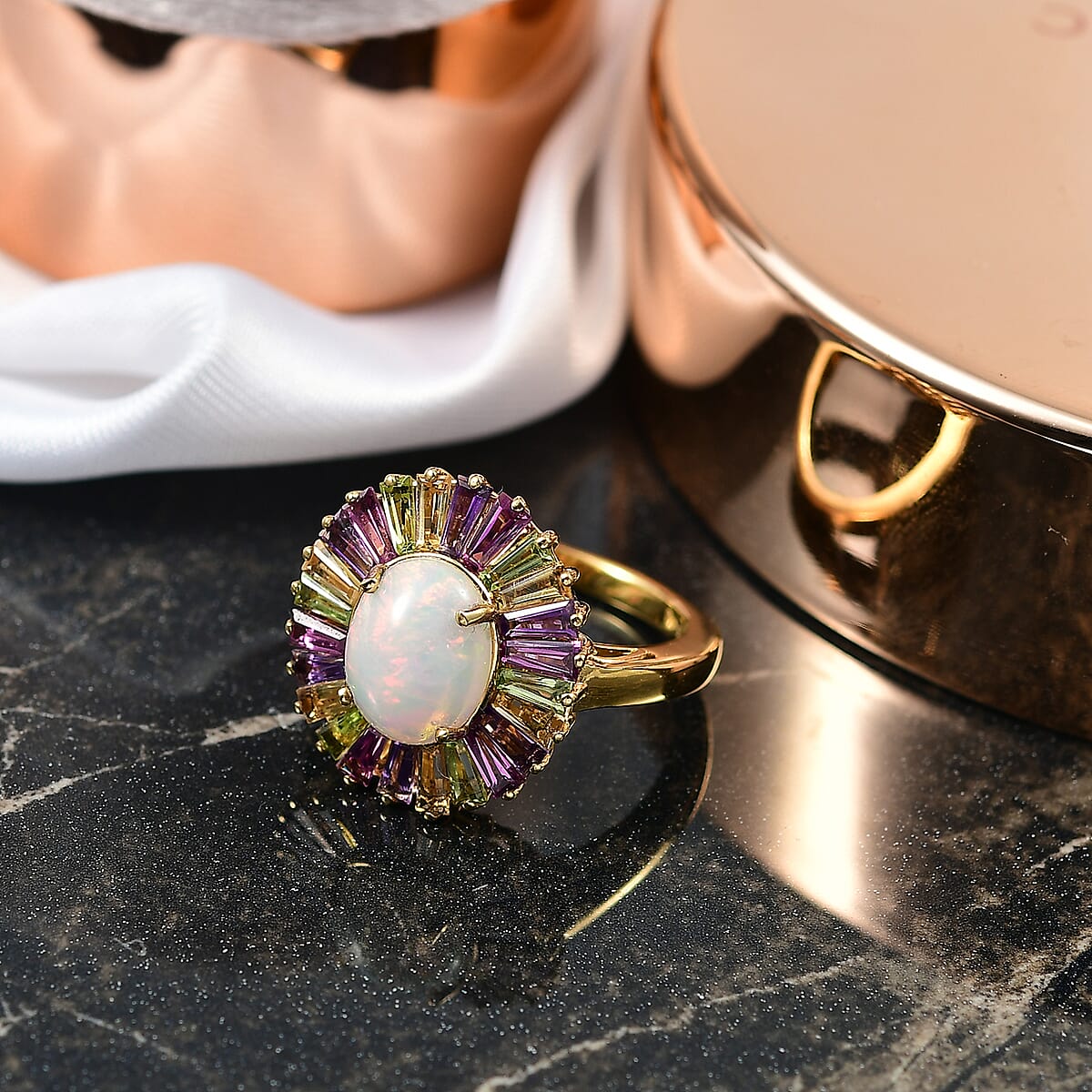 D'Joy Premium Ethiopian Welo Opal and Multi Gemstone 3.80 ctw Crown of Flames Ring in 18K Vermeil Yellow Gold Over Sterling Silver (Size 7.0) image number 1