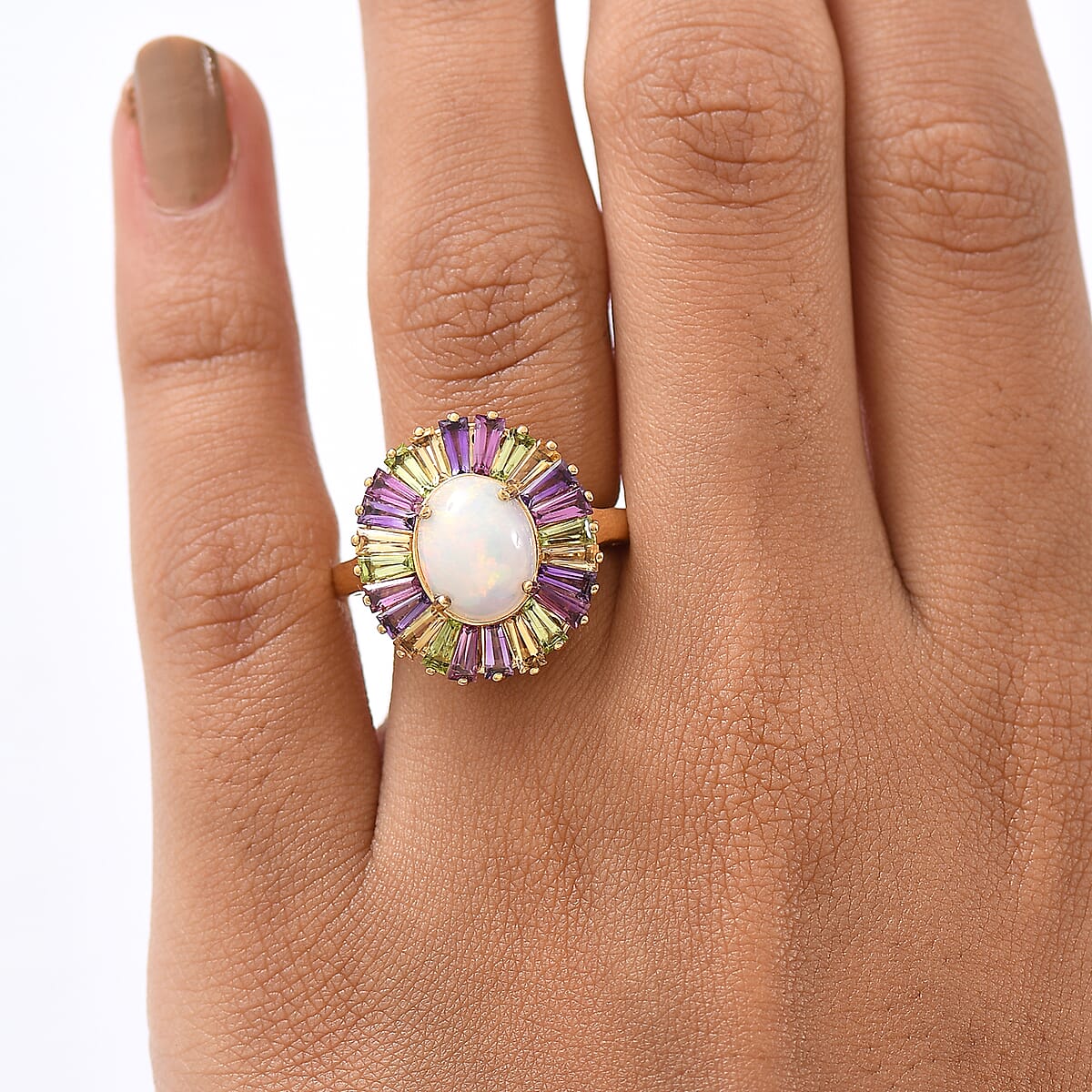 D'Joy Premium Ethiopian Welo Opal and Multi Gemstone 3.80 ctw Crown of Flames Ring in 18K Vermeil Yellow Gold Over Sterling Silver (Size 7.0) image number 2