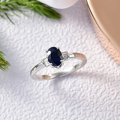 Kanchanaburi Blue Sapphire and Luxuriant Lab Grown Diamond 1.15 ctw Ring in Rhodium Over Sterling Silver (Size 10.0)