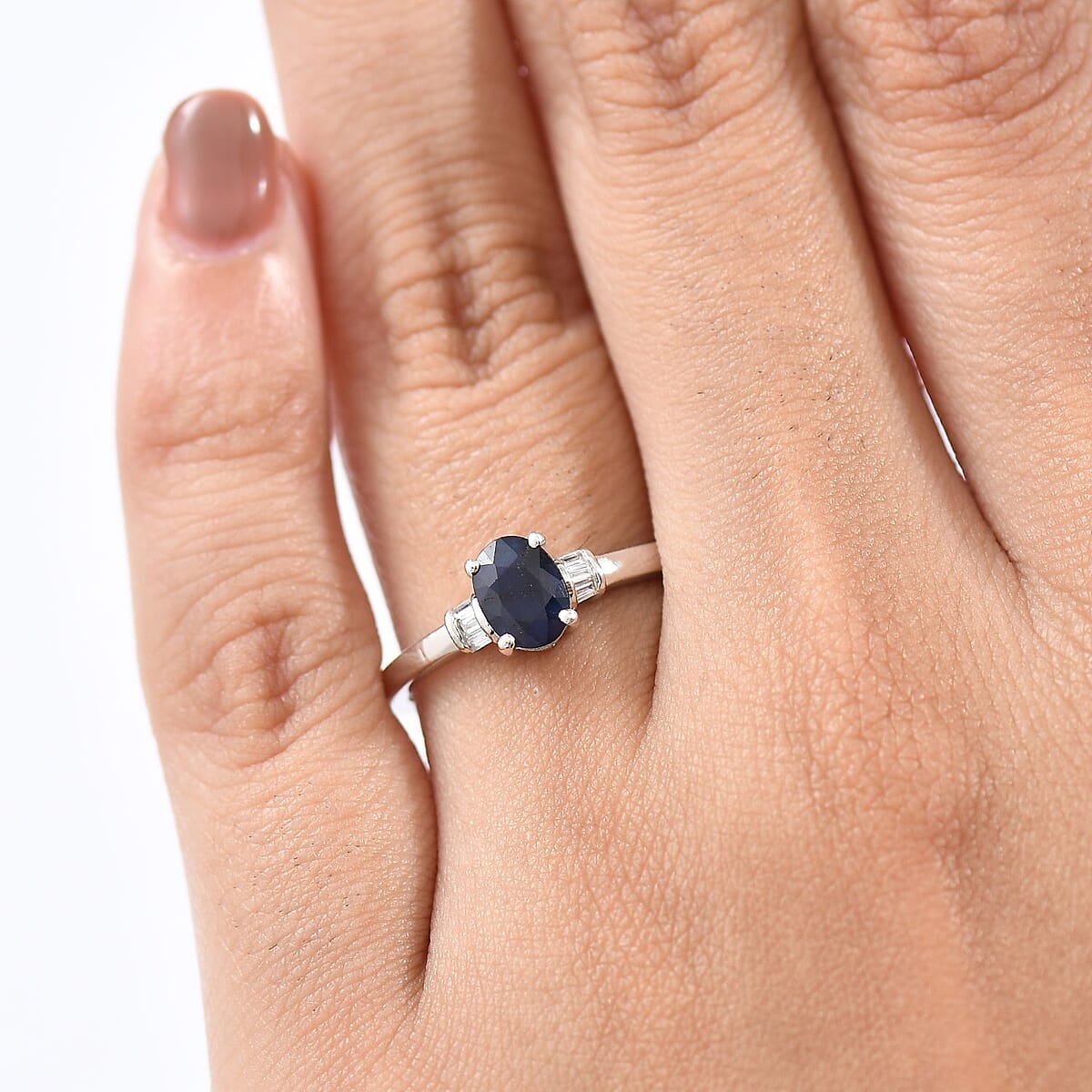 Kanchanaburi Blue Sapphire (DF) and Luxuriant Lab Grown Diamond 1.15 ctw Ring in Rhodium Over Sterling Silver (Size 7.0) image number 2