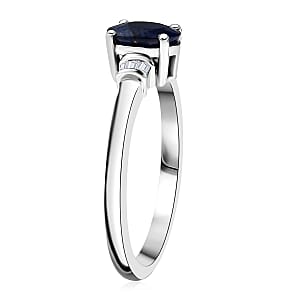 Kanchanaburi Blue Sapphire (DF) and Luxuriant Lab Grown Diamond 1.15 ctw Ring in Rhodium Over Sterling Silver (Size 7.0)