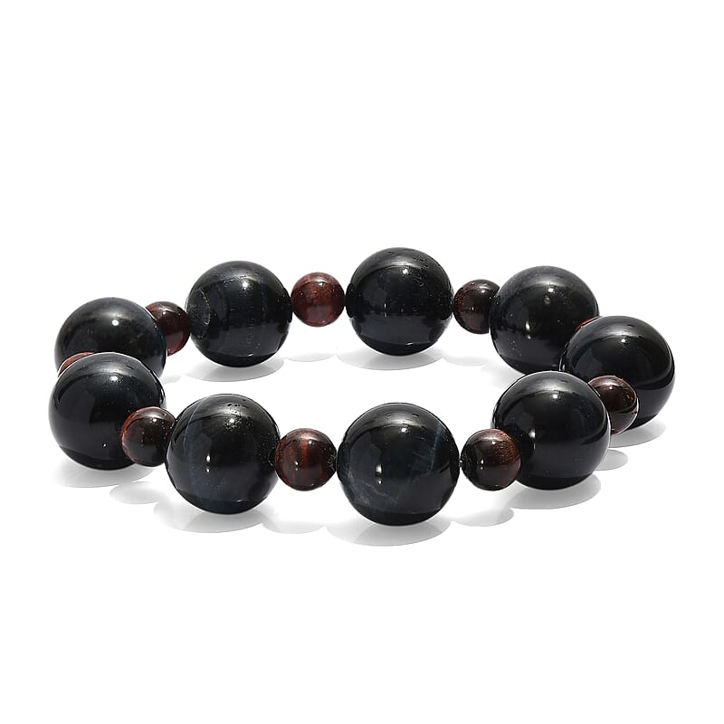Blue and Red Tigers Eye 230.00 ctw Beaded Stretch Bracelet