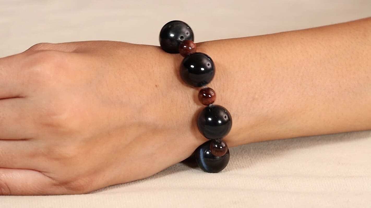 Blue and Red Tigers Eye 230.00 ctw Beaded Stretch Bracelet