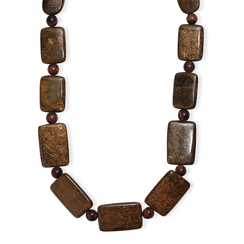 EverTrue Brownzite Jasper and Red Tiger Eye 485.00 ctw Beaded Necklace (20 Inches) in Platinum Bond