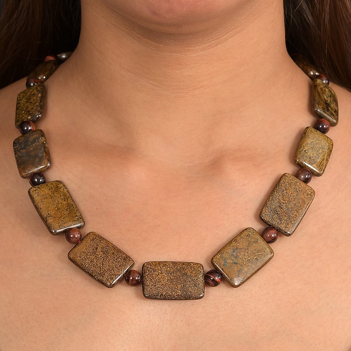 EverTrue Brownzite Jasper and Red Tiger Eye 485.00 ctw Beaded Necklace (20 Inches) in Platinum Bond image number 2