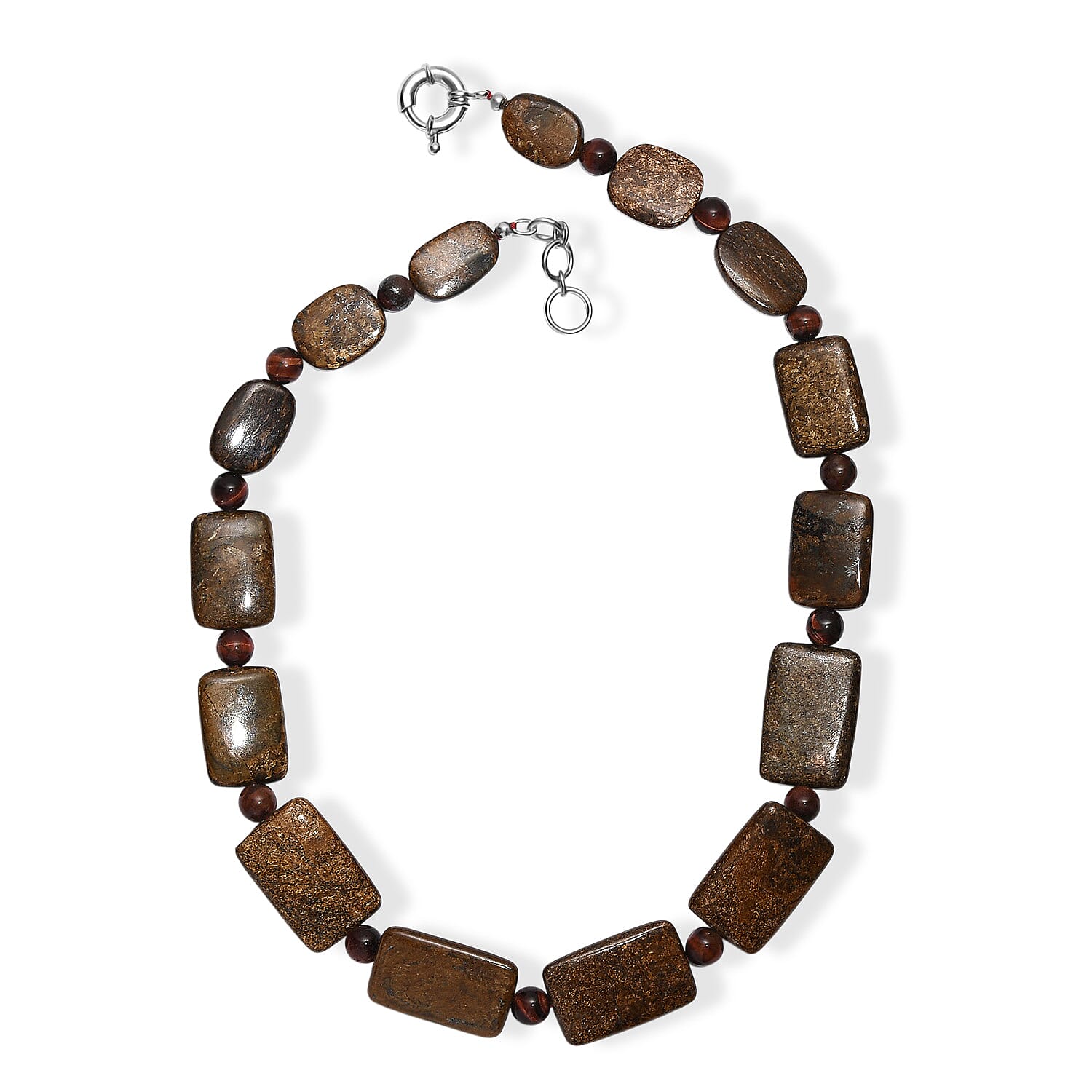EverTrue Brownzite Jasper and Red Tiger Eye 485.00 ctw Beaded Necklace (20 Inches) in Platinum Bond