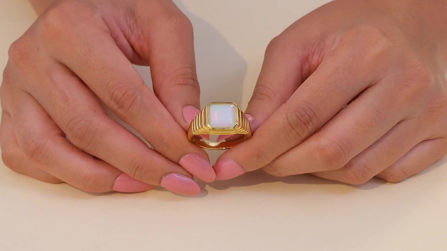 D'Joy Premium Ethiopian Welo Opal 2.50 ctw Men's Ring in 18K Vermeil Yellow Gold Over Sterling Silver