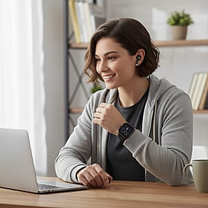 D8_PRO Smart Watch with Black and Orange Silicone Strap and Earbuds