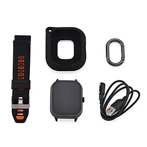 D8_PRO Smart Watch with Black and Orange Silicone Strap and Earbuds