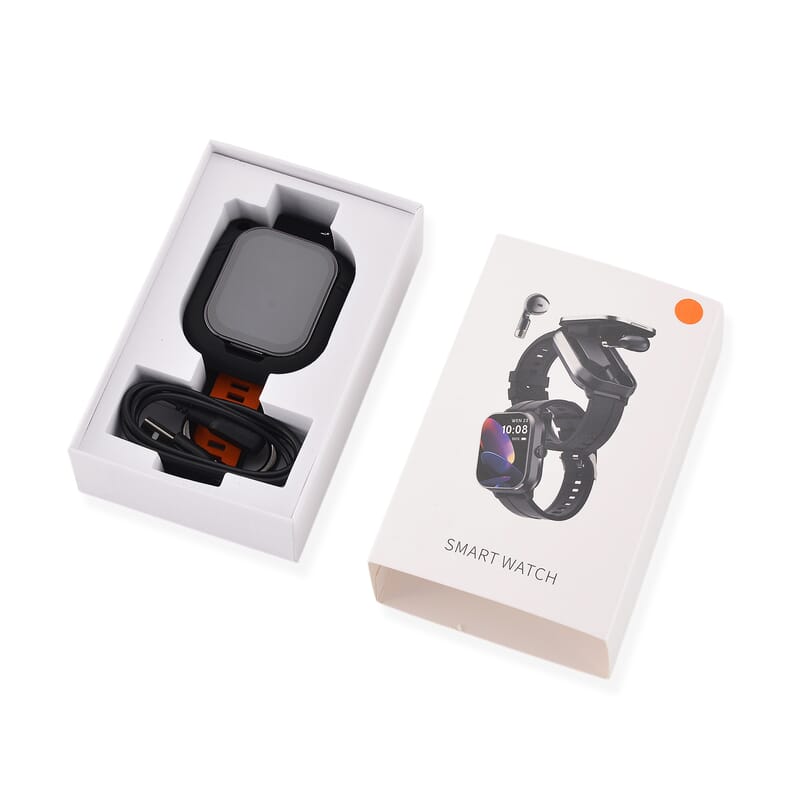 D8_PRO Smart Watch with Black and Orange Silicone Strap and Earbuds